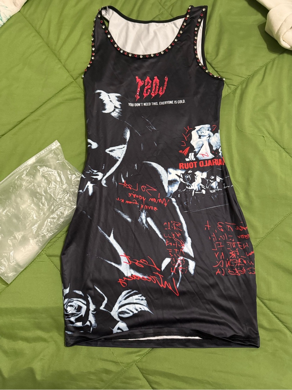 Lost Black Graphic Studded Tank Dress with Red and White Print